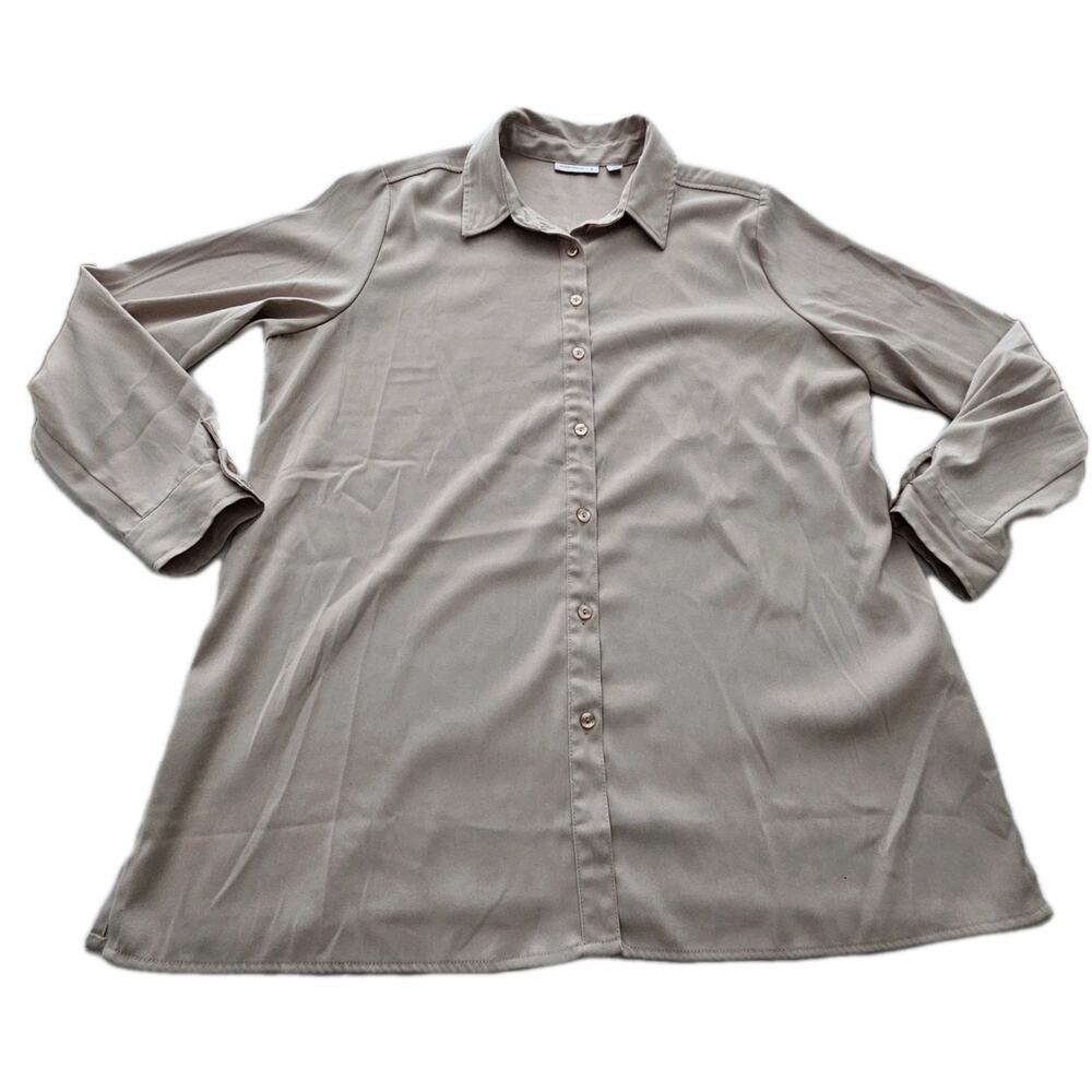 Susan Graver Tan Liquid Knit LS Collared Women's Button Up Shirt Top Tan Large